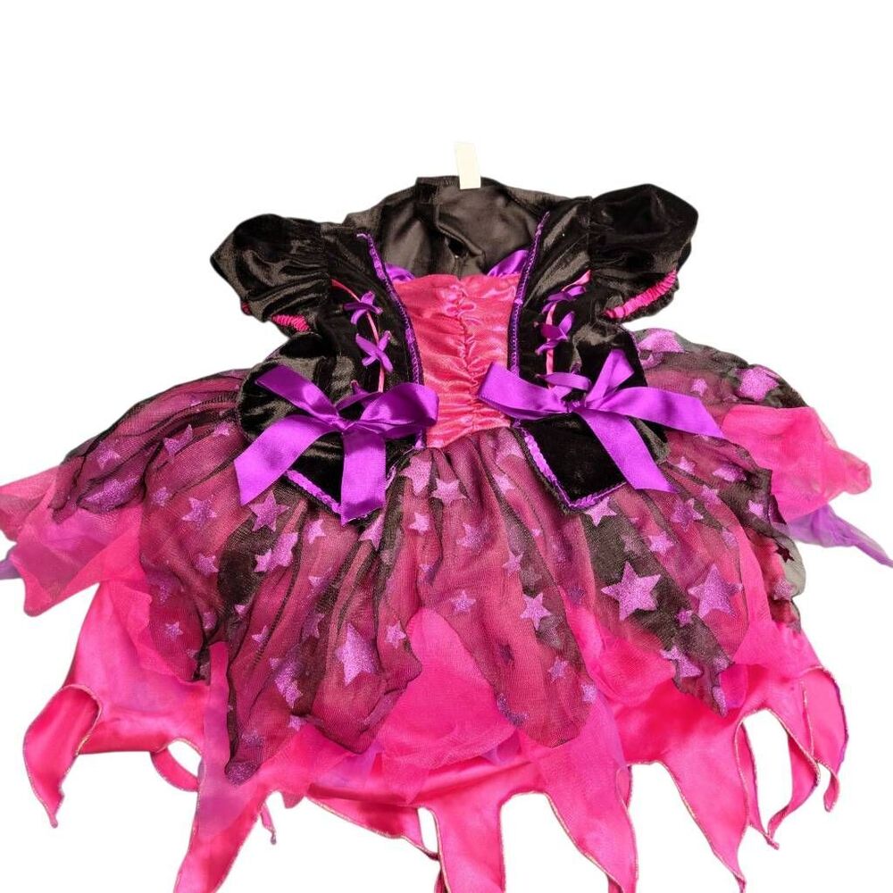 Girls Hot Pink & Black Star Fairy Dress with Purple Bows